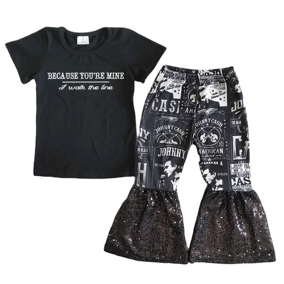 Girls Johnny Cash Top & Sequin Bell Bottoms Pants
